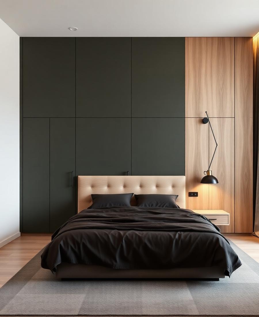 Quarto planejado com painel em laca fosca oliva